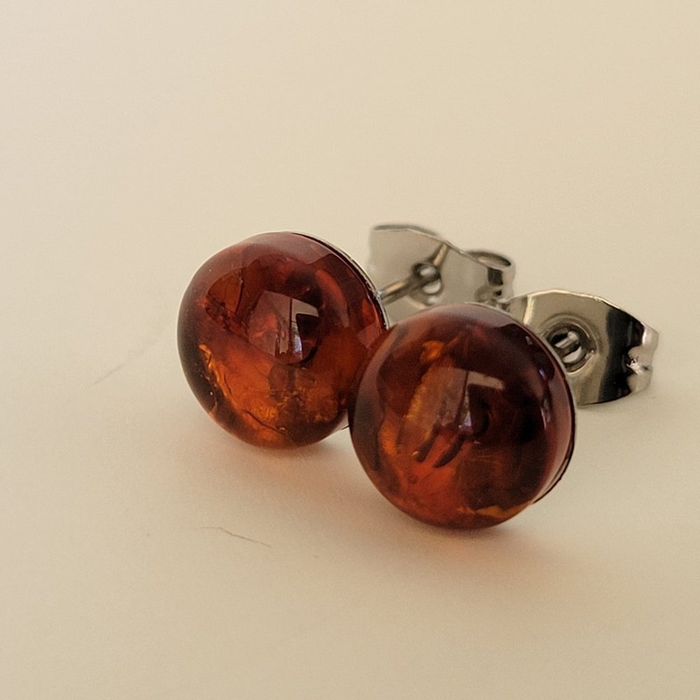 New 8mm Genuine Pressed Baltic Amber Stud Earrings on 316L SS Posts - Picture 2 of 5